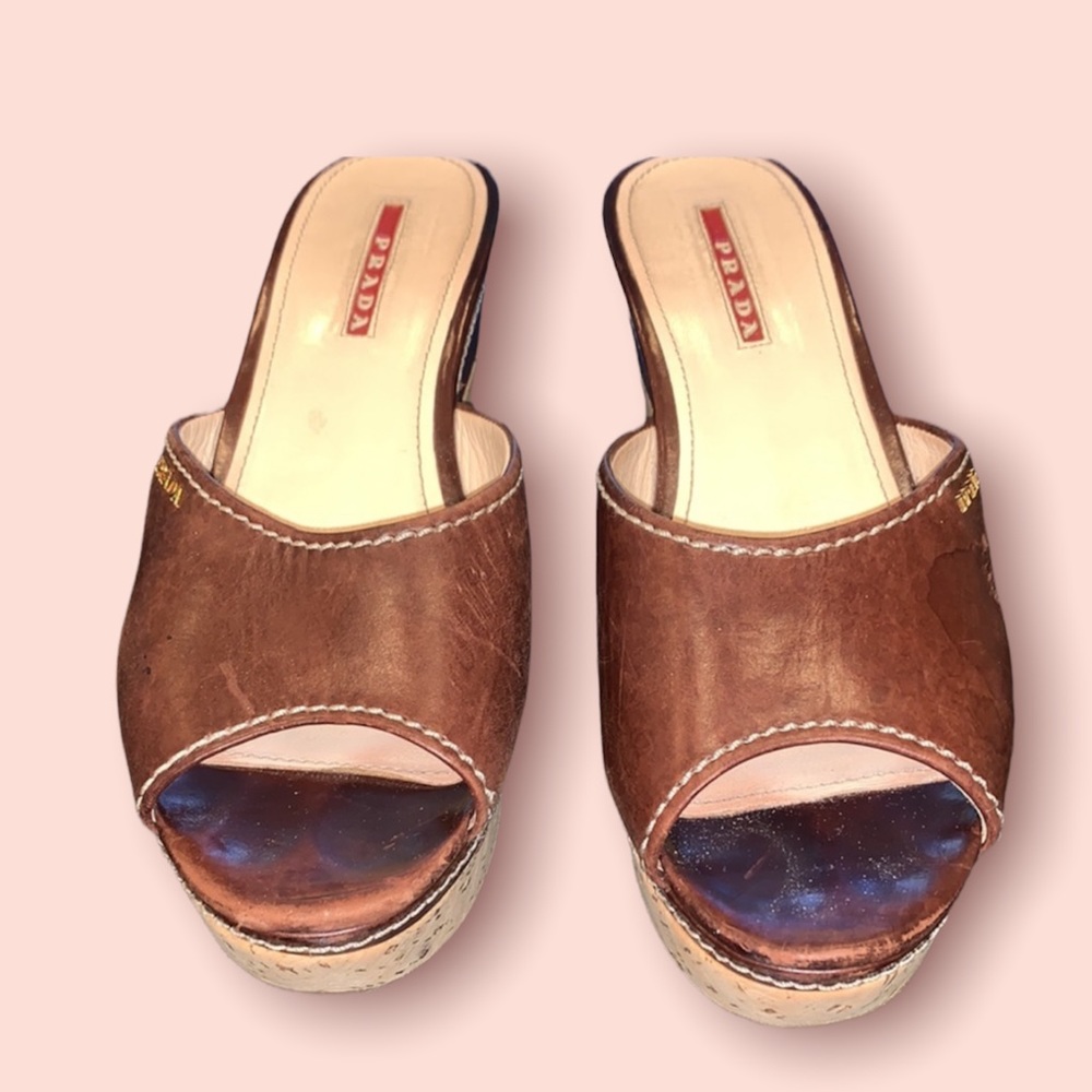 Prada Brown Tan Wedge Sandals with Peep-Toe - Picture 2 of 4